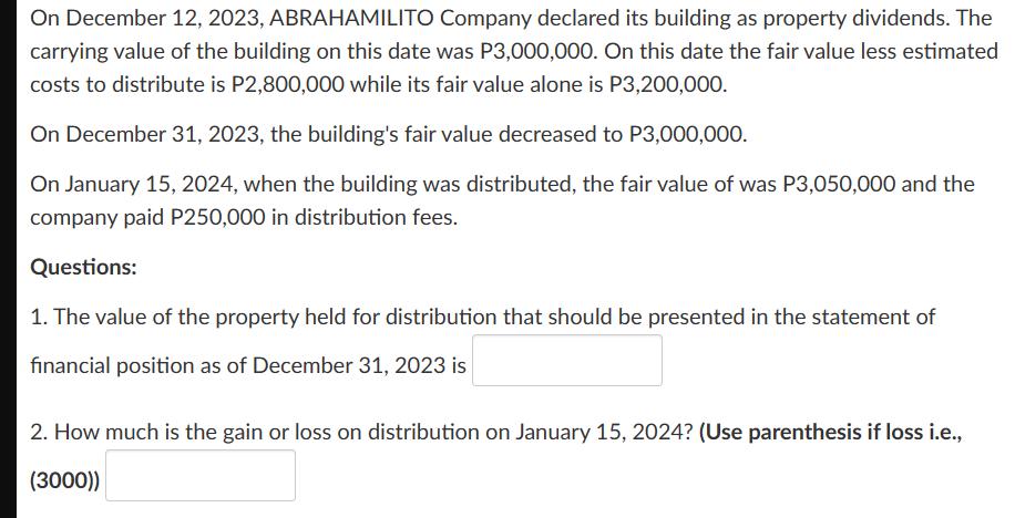 On December 12, 2023, ABRAHAMILITO Company declared its building as property dividends. The carrying value of