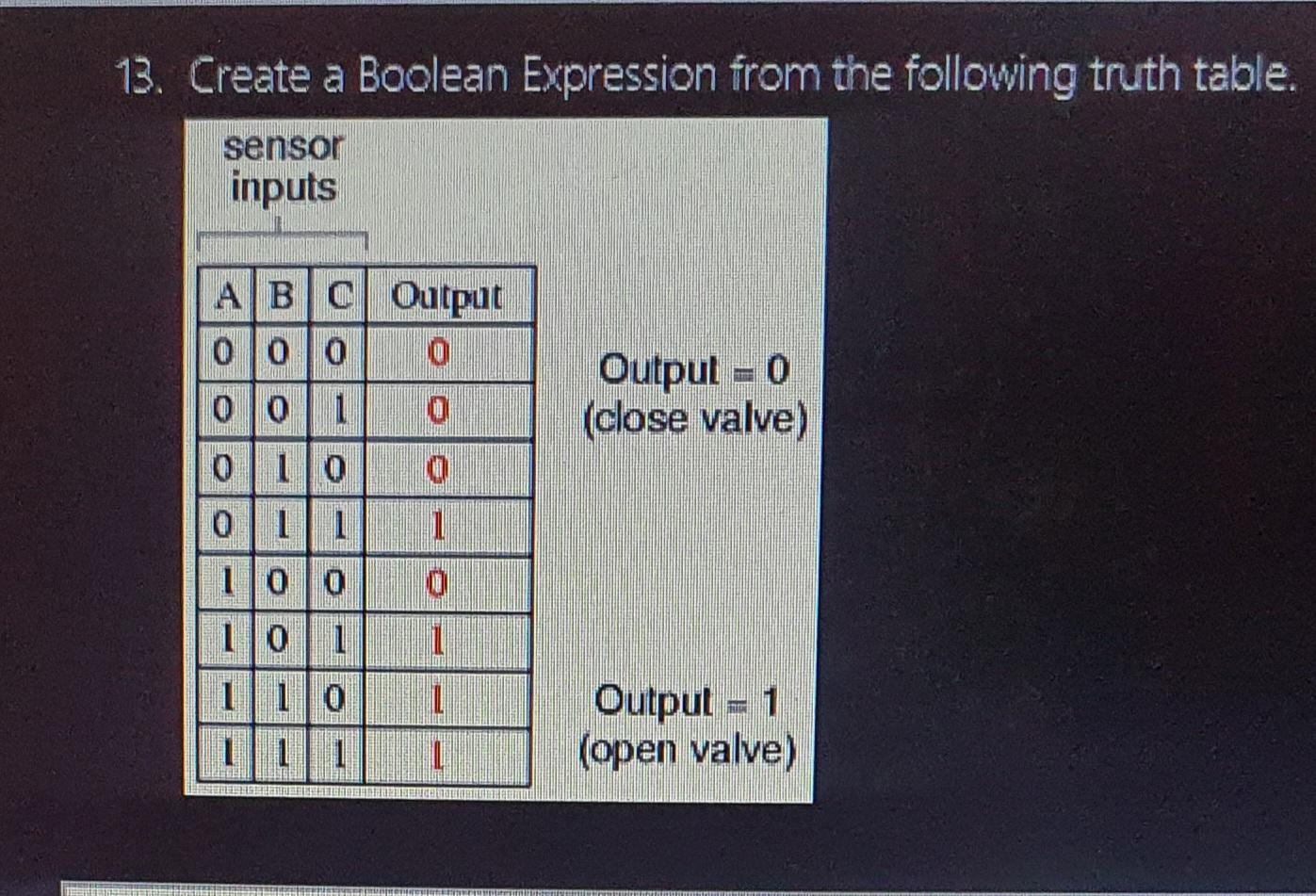 13. Create a Boolean Expression from the following truth table. sensor inputs ABC Output 000 0 001 0 10 0 1 0
