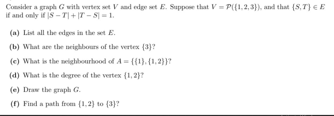 Consider a graph G with vertex set V and edge set E. Suppose that V = P({1,2,3}), and that {S, T}  E if and