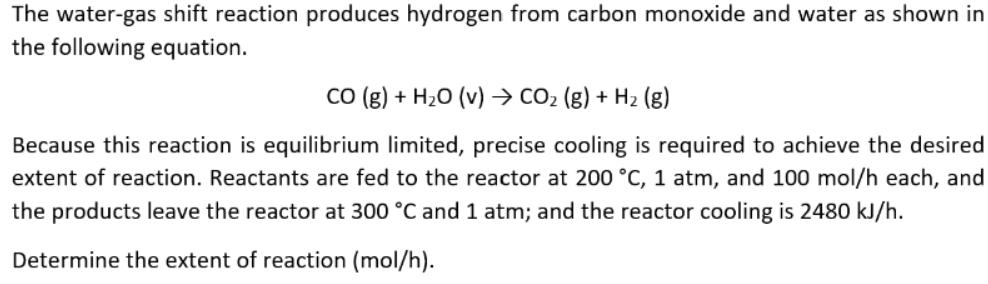 The water-gas shift reaction produces hydrogen from carbon monoxide and water as shown in the following