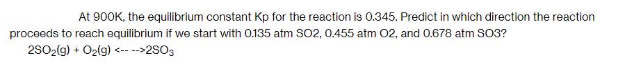 At 900K, the equilibrium constant Kp for the reaction is 0.345. Predict in which direction the reaction