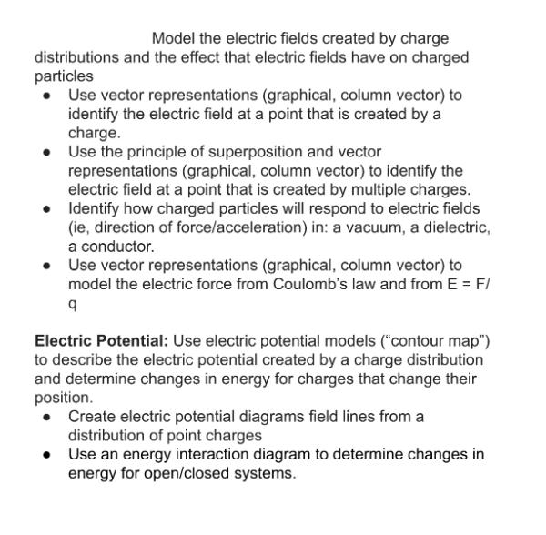 Model the electric fields created by charge distributions and the effect that electric fields have on charged