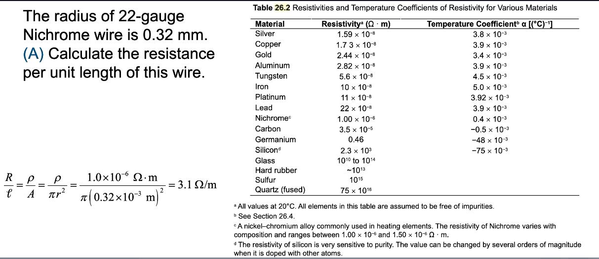 The radius of 22-gauge Nichrome wire is 0.32 mm. (A) Calculate the resistance per unit length of this wire. P
