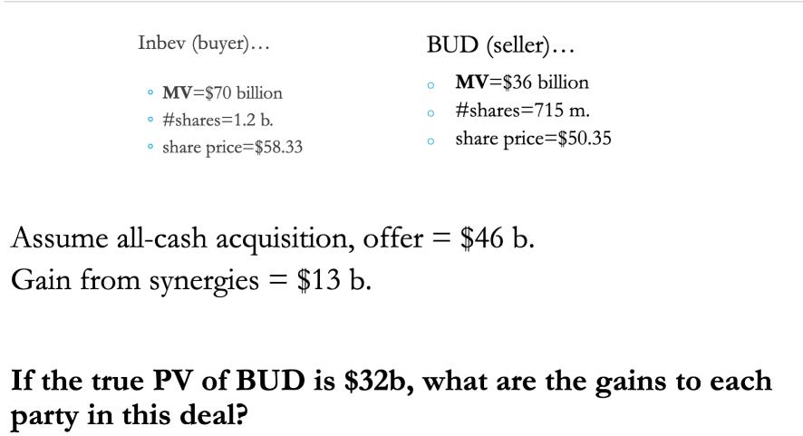 Inbev (buyer)...  MV=$70 billion O #shares 1.2 b. share price $58.33 BUD (seller)... O MV=$36 billion #shares