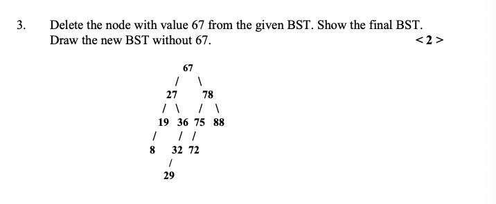 3. Delete the node with value 67 from the given BST. Show the final BST. Draw the new BST without 67. <2> 1 8