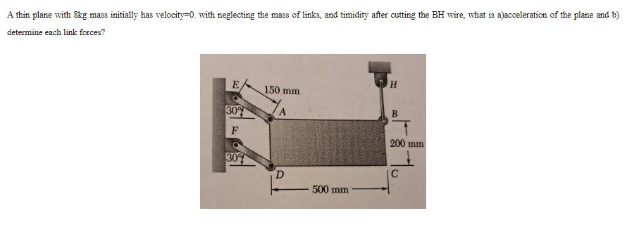 A thin plane with 8kg mass initially has velocity-0. with neglecting the mass of links, and timidity after