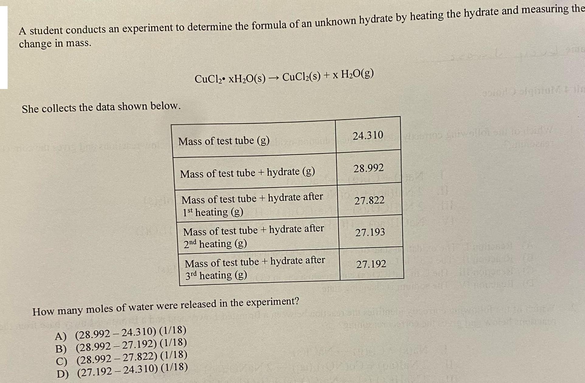 A student conducts an experiment to determine the formula of an unknown hydrate by heating the hydrate and