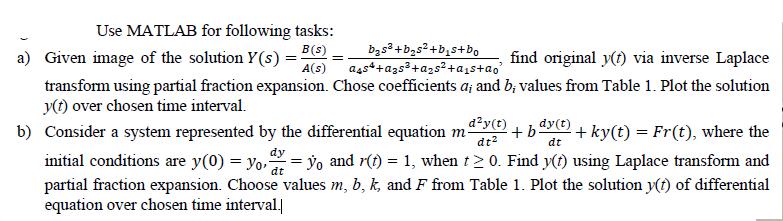 Use MATLAB for following tasks: a) Given image of the solution Y(s) = B(s) b_s+b_s+b_s+bo A(s) a4s +35 +5 ++o