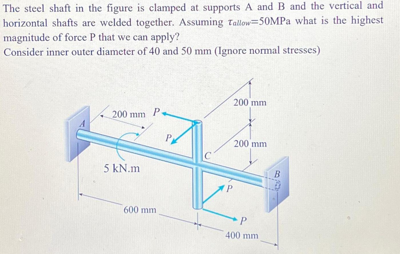 The steel shaft in the figure is clamped at supports A and B and the vertical and horizontal shafts are