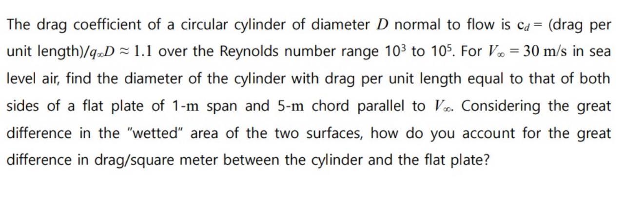 The drag coefficient of a circular cylinder of diameter D normal to flow is ca = (drag per unit length)/qD~