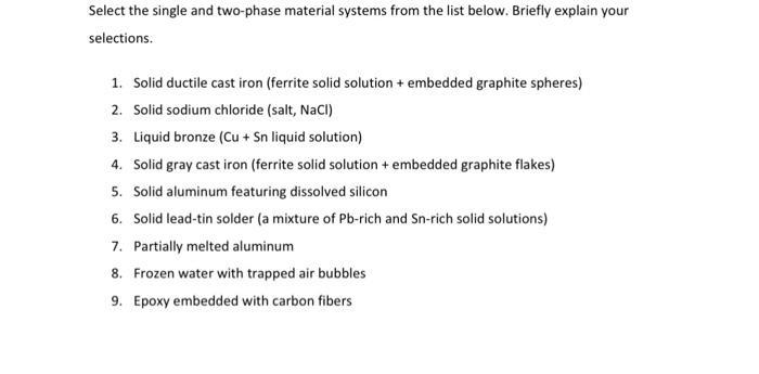 Select the single and two-phase material systems from the list below. Briefly explain your selections. 1.