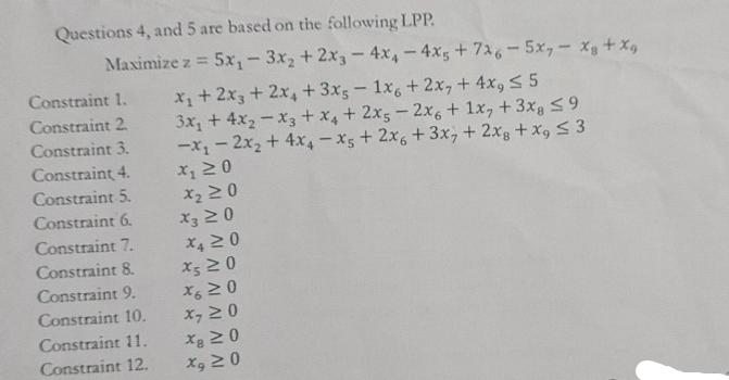 Questions 4, and 5 are based on the following LPP. Maximize z = 5x-3x + 2x3-4x4-4x5 + 726-5x, - xy + xg x +