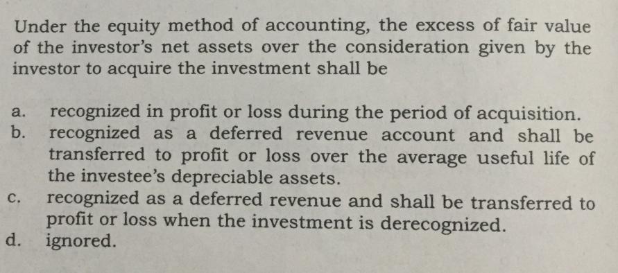 Under the equity method of accounting, the excess of fair value of the investor's net assets over the