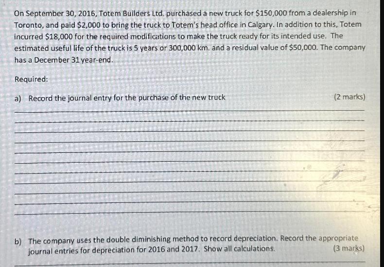 On September 30, 2016, Totem Builders Ltd. purchased a new truck for $150,000 from a dealership in Toronto,
