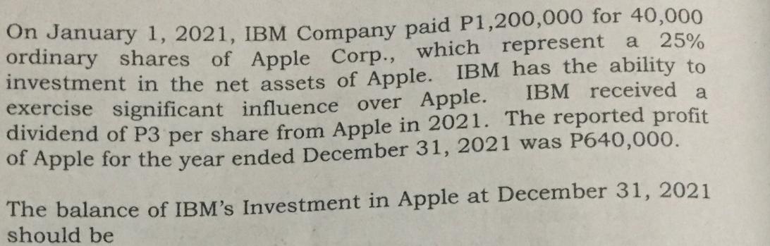 On January 1, 2021, IBM Company paid P1,200,000 for 40,000 ordinary shares of Apple Corp., which represent a