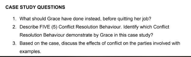 CASE STUDY QUESTIONS 1. What should Grace have done instead, before quitting her job? 2. Describe FIVE (5)