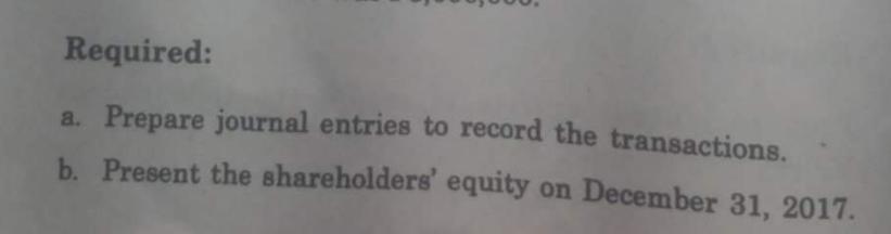 Required: Prepare journal entries to record the transactions. b. Present the shareholders' equity on December