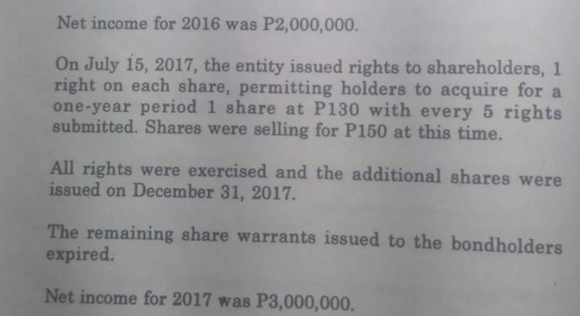 Net income for 2016 was P2,000,000. On July 15, 2017, the entity issued rights to shareholders, 1 right on