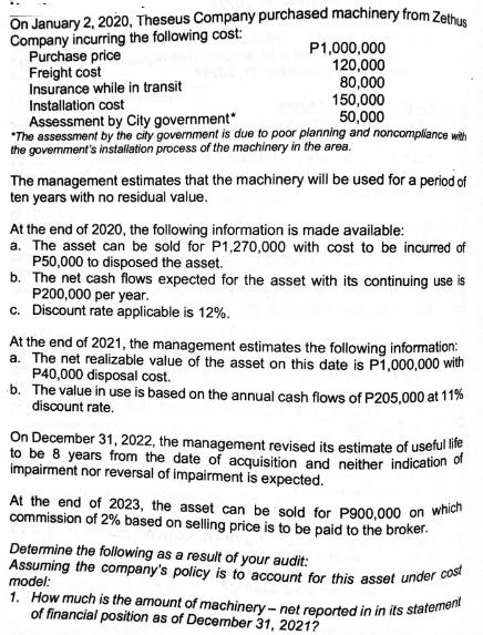 On January 2, 2020, Theseus Company purchased machinery from Zethus Company incurring the following cost: