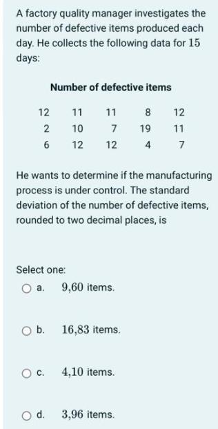 A factory quality manager investigates the number of defective items produced each day. He collects the