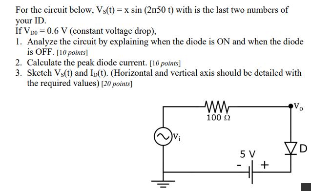 For the circuit below, Vs(t) = x sin (2n50 t) with is the last two numbers of your ID. If VDO = 0.6 V