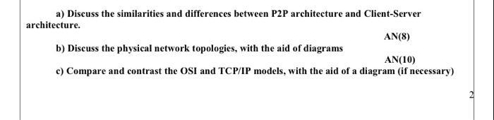 a) Discuss the similarities and differences between P2P architecture and Client-Server architecture. AN(8) b)