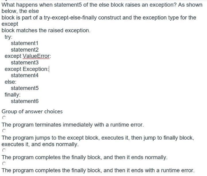 What happens when statement5 of the else block raises an exception? As shown below, the else block is part of