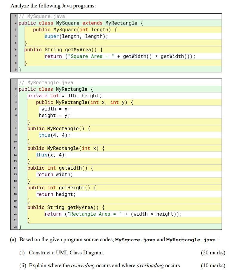 Analyze the following Java programs: 1// MySquare.java 2 public class MySquare extends MyRectangle { n 10 F +