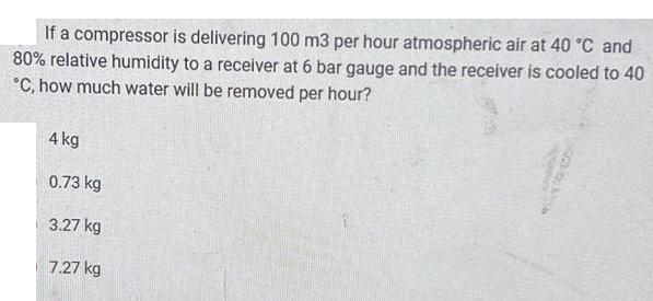 If a compressor is delivering 100 m3 per hour atmospheric air at 40 C and 80% relative humidity to a receiver