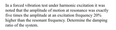 In a forced vibration test under harmonic excitation it was noted that the amplitude of motion at resonance