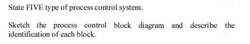 State FIVE type of process control system. Sketch the process control block diagram and describe the