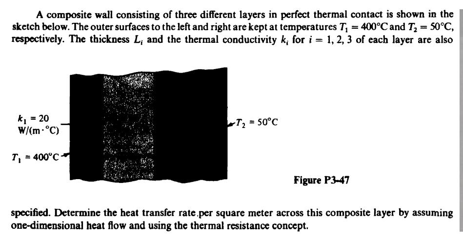 A composite wall consisting of three different layers in perfect thermal contact is shown in the sketch