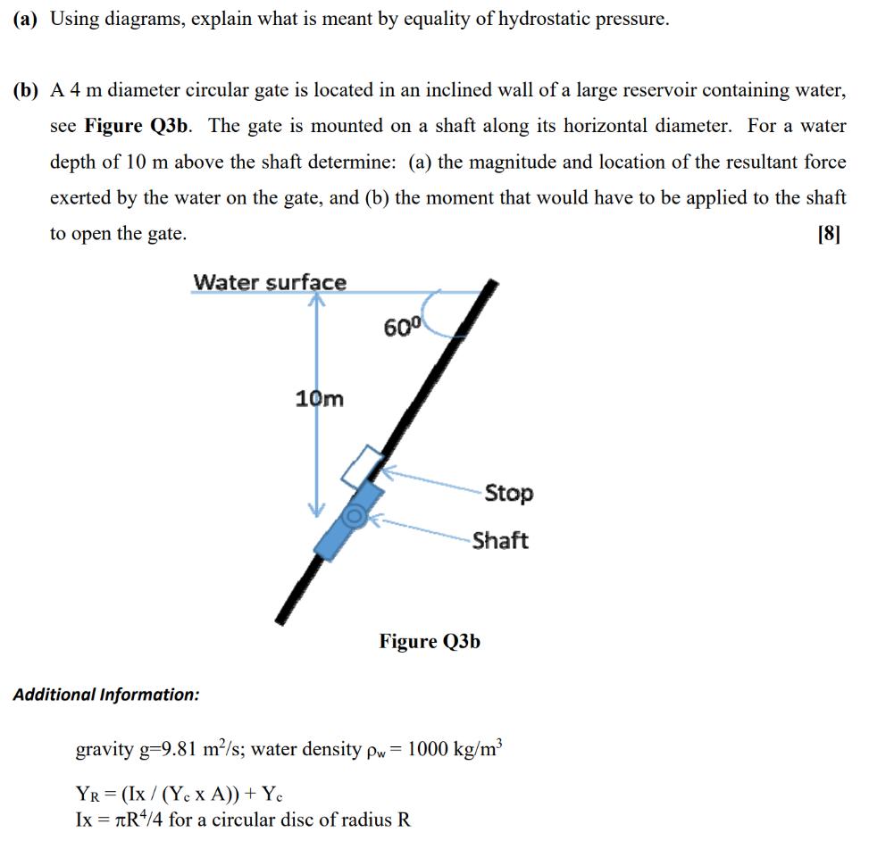 (a) Using diagrams, explain what is meant by equality of hydrostatic pressure. (b) A 4 m diameter circular