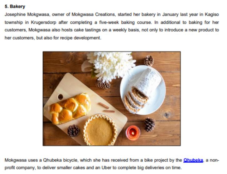 5. Bakery Josephine Mokgwasa, owner of Mokgwasa Creations, started her bakery in January last year in Kagiso