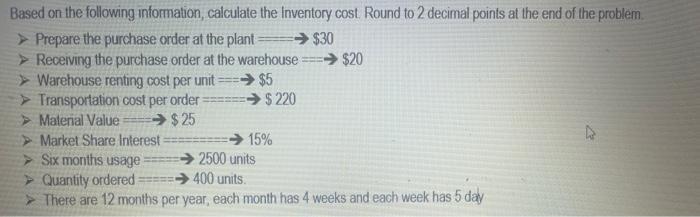 Based on the following information, calculate the inventory cost. Round to 2 decimal points at the end of the