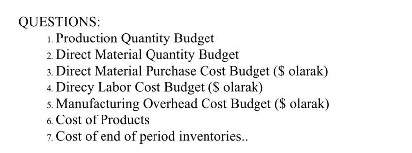QUESTIONS: 1. Production Quantity Budget 2. Direct Material Quantity Budget 3. Direct Material Purchase Cost
