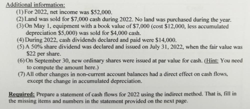 Additional information: (1) For 2022, net income was $52,000. (2) Land was sold for $7,000 cash during 2022.