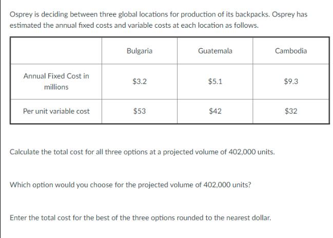 Osprey is deciding between three global locations for production of its backpacks. Osprey has estimated the