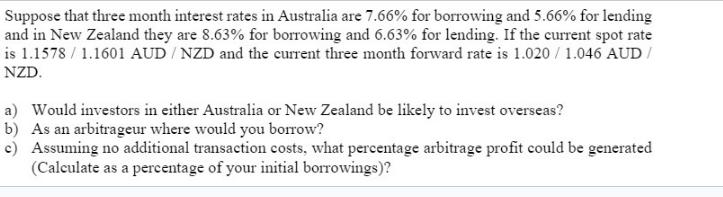Suppose that three month interest rates in Australia are 7.66% for borrowing and 5.66% for lending and in New