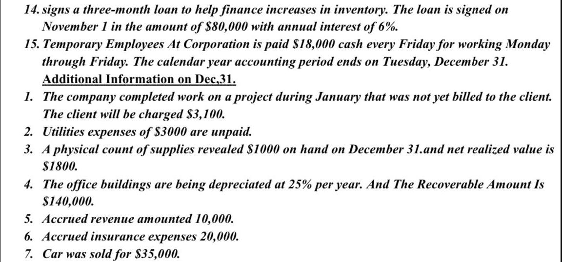 14. signs a three-month loan to help finance increases in inventory. The loan is signed on November 1 in the