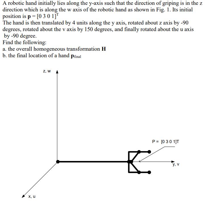 A robotic hand initially lies along the y-axis such that the direction of griping is in the z direction which