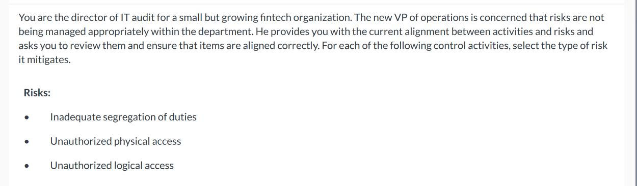 You are the director of IT audit for a small but growing fintech organization. The new VP of operations is