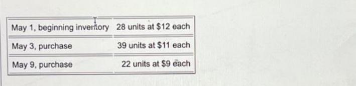 May 1, beginning invertory 28 units at $12 each May 3, purchase 39 units at $11 each May 9, purchase 22 units