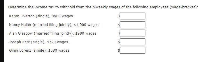Determine the income tax to withhold from the biweekly wages of the following employees (wage-bracket): Karen