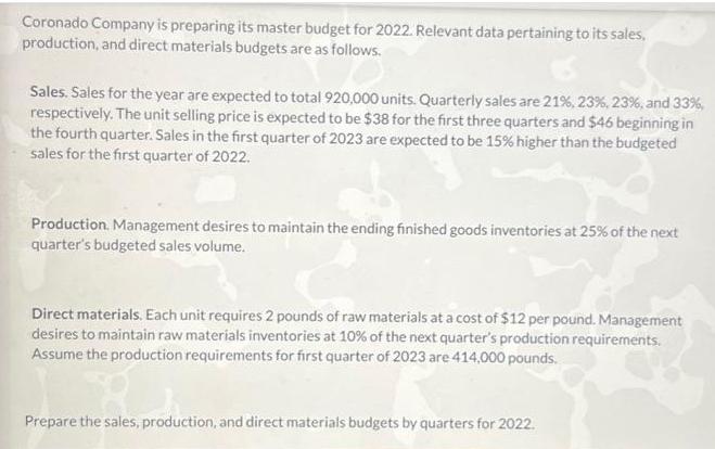 Coronado Company is preparing its master budget for 2022. Relevant data pertaining to its sales, production,