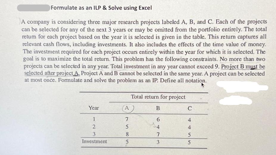 Formulate as an ILP & Solve using Excel A company is considering three major research projects labeled A, B,