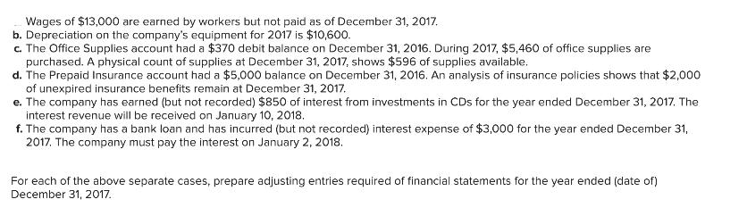 Wages of $13,000 are earned by workers but not paid as of December 31, 2017. b. Depreciation on the company's