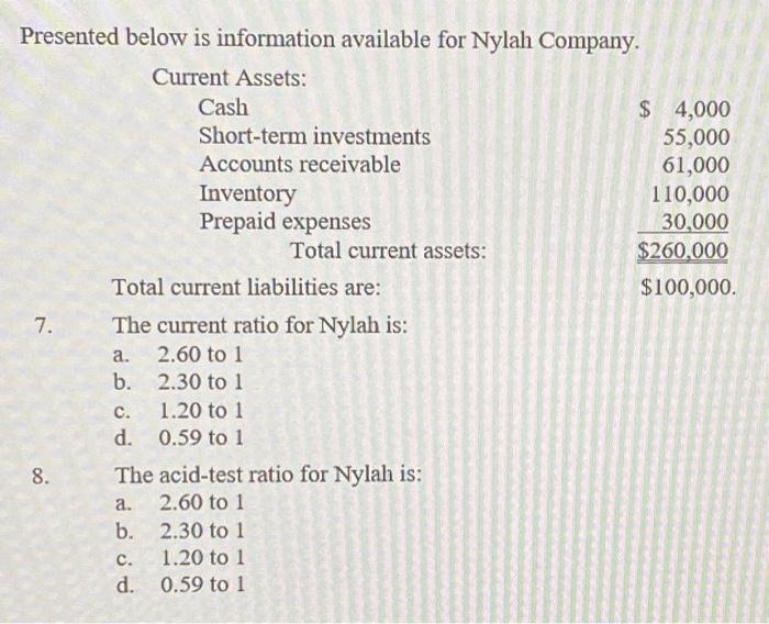 Presented below is information available for Nylah Company. Current Assets: 7. 8. a. b. C. d. Cash Short-term