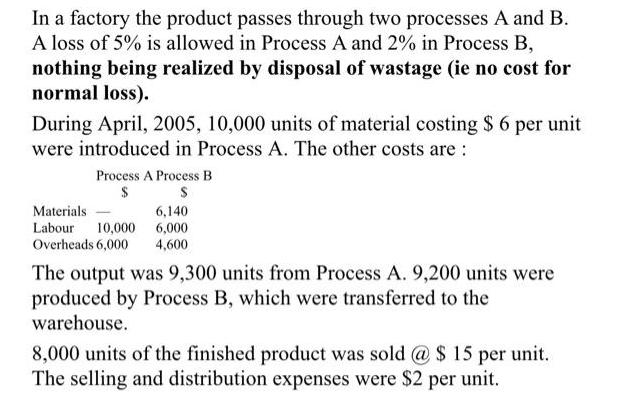 In a factory the product passes through two processes A and B. A loss of 5% is allowed in Process A and 2% in