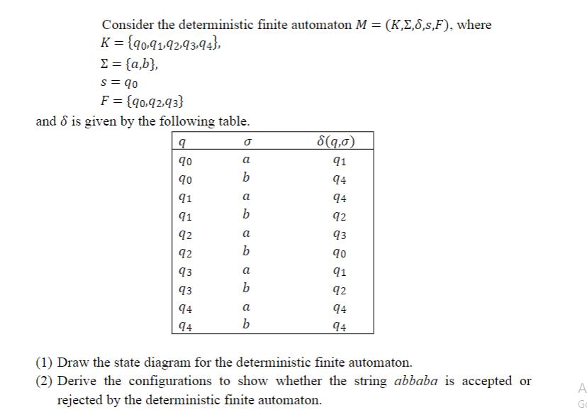 Consider the deterministic finite automaton M = (K,,6,s,F), where K = {90,91,92,93,94},  = {a,b}, S = 90 F =